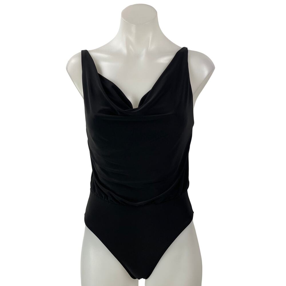 Zara Womens Black Sleeveless Draped Cowl Neck Swimwear One Piece Bodysuit Top S